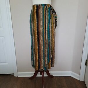 90s Vintage Express 100% Silk Midi Wrap Skirt Sz 3 Stripes Hawaiian Brown Artsy